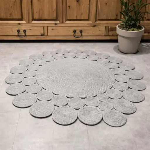 [STRAW9] 360 HOME FLOORMAT STRAW 120CM  ROUND SHAPE WITH SCALLOPED OUTER EDGE & CONCENTRIC CIRCULAR PATTERN IN THE CENTER LIGHT BEIGE