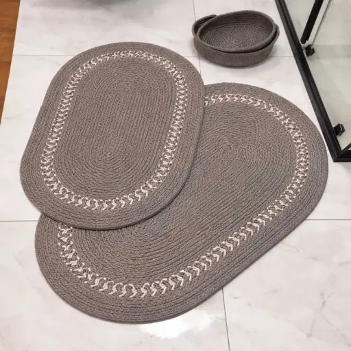 [STRAW10] 360 HOME FLOORMAT STRAW 120*80CM ANTI SLIP BATHROOM MAT OVAL GREY SET 2PCS