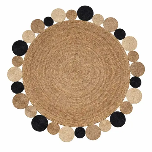 [STRAW12] 360 HOME FLOORMAT STRAW 120CM DISTINCTIVE OUTER CIRCLE BORDER OF VARIED COLORED SMALLER CIRCLES AROUND A LARGE CENTRAL NATURAL-TONED AREA
