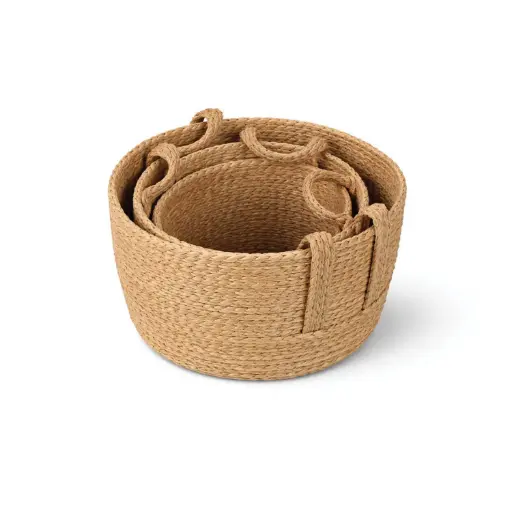 [STRAW28] 360 HOME BASKET STRAW 33*28*28/30*23*24/23*18*20CM SET 3PCS ROUND SHAPE WITH INTEGRATED HANDLES