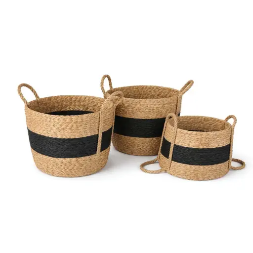 [STRAW29] 360 HOME BASKET STRAW  30*27*28/27*24*25/25*20*23CM SET 3PCS TWO-TONED DESIGN PRIMARILY BEIGE/NATURAL WITH BLACK STRIP HORIZONTAL IN THE MIDDLE
