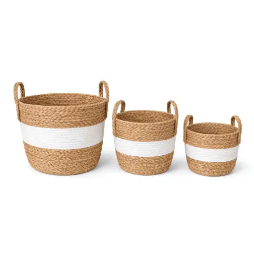 [STRAW30] 360 HOME BASKET STRAW  30*27*28/27*24*25/25*20*23CM SET 3PCS TWO-TONED DESIGN PRIMARILY BEIGE/NATURAL WITH WHITE STRIP HORIZONTAL IN THE MIDDLE
