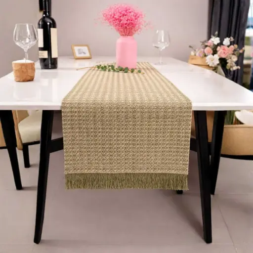 [STRAW42] 360 HOME TABLE RUNNER STRAW 30*120CM STRIPPED PATTERN WITH ALTERNATING LIGHT IVORY/NATURAL +DARKER BROWN BANDS