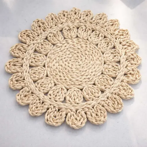 [STRAW62] 360 HOME PLACEMAT STRAW 38CM ROUND CROCHET PATTERN DARK BEIGE FLOWER-LOKE SHAPE WITH TIGHTLY WOVEN CENTER AND LOOPED INTRICATE EDGES
