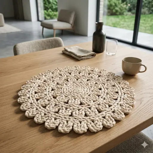 [STRAW63] 360 HOME PLACEMAT STRAW 38CM LACY DESIGN WITH A CENTRAL MOTIF AND A DECORATIVE OUTER EDGING THAT INCLUDES SHELL OR PICOT STITCHES OFF-WHITE