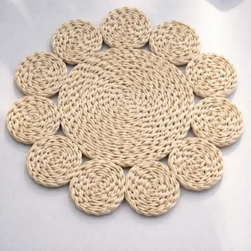 [STRAW64] 360 HOME PLACEMAT STRAW 38CM BRAIDED OR COILED WEAVE TEXTURE LARGE CIRCLE SHAPE WITH SMALLER CIRCULAR PROTRUSIONS NATURAL COLOR