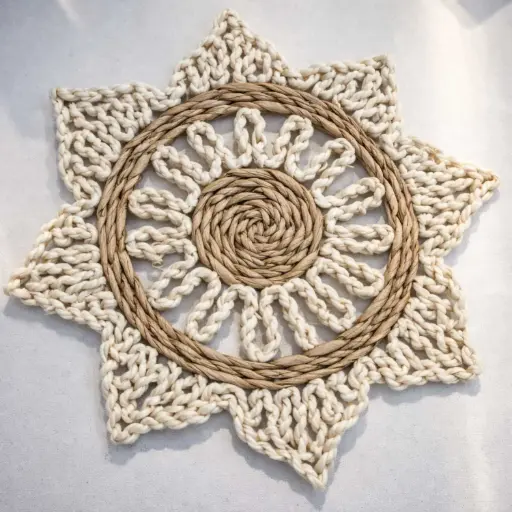 [STRAW67] 360 HOME PLACEMAT STRAW 38CM ROUND SPIRAL-WOVEN CENTER STAR SHAPED CROCHETED-STYLE OUTER EDGE LIGHT BEIGE