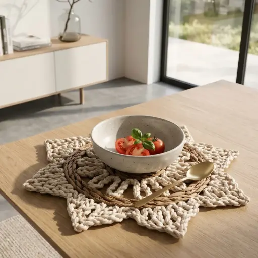 [STRAW67] 360 HOME PLACEMAT STRAW 38CM ROUND SPIRAL-WOVEN CENTER STAR SHAPED CROCHETED-STYLE OUTER EDGE LIGHT BEIGE