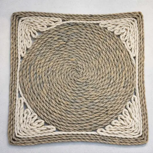 [STRAW69] 360 HOME PLACEMAT STRAW 30CM SQUARE WITH CIRCULAR CENTER DESIGN MUTED GRAYISH-BROWN CENTER & OUTER BORDER+OFF-WHITE FOR THE LACY BORDER