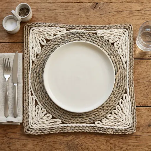[STRAW69] 360 HOME PLACEMAT STRAW 30CM SQUARE WITH CIRCULAR CENTER DESIGN MUTED GRAYISH-BROWN CENTER & OUTER BORDER+OFF-WHITE FOR THE LACY BORDER