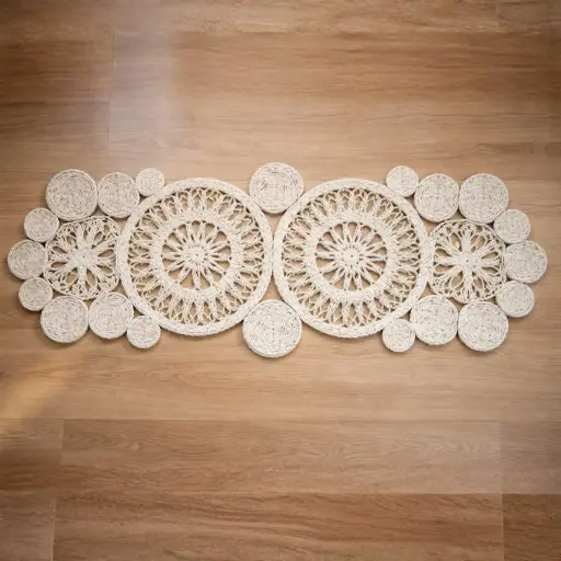 [STRAW71] 360 HOME RUNNER TABLE STRAW 117*40CM CROCHETED DESIGN CONNECTED CIRCULAR MOTIFS WITH ELABORATE OPENWORK PATTERNS