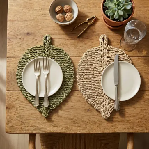 [STRAW73] 360 HOME PLACEMAT STRAW 25*16CM LEAF SHAPED POINTED TIP AND SMALL LOOP AT THE BASE OLIVE GREEN /LIGHT BEIGE