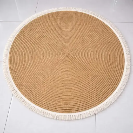 [STRAW77] 360 HOME FLOORMAT STRAW  120CM CIRCULAR SHAPE PLAIN BROWN COLOR WHITE BORDER AROUND THE CIRCUMFERENCE