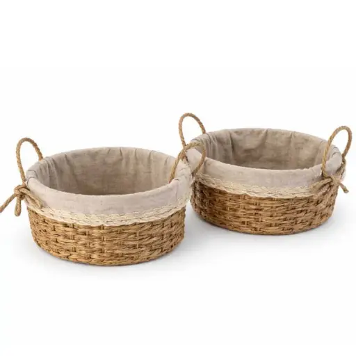[STRAW83] 360 HOME BASKET STRAW 25.5*25.5*10/19.5*19.5*9CM SET 2PCS ROUND & SHALLOW INTERGRATED HANDLES ON 2 SIDES FOR EASY CARRYING
