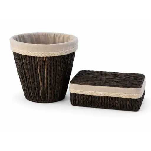 [STRAW85] 360 HOME BASKET STRAW 24*24*25/  25*14*10CM SET 2PCS TISSU BOX RECTANGULAR+CONTAINER BIN FLARED SHAPE BLACK VERTICAL RIDGES TEXTURED PATTERN