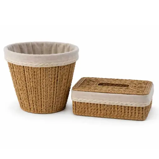 [STRAW86] 360 HOME BASKET STRAW 24*24*25/  25*14*10CM SET 2PCS TISSU BOX RECTANGULAR+CONTAINER BIN  FLARED SHAPE BEIGE VERTICAL RIDGES TEXTURED PATTERN
