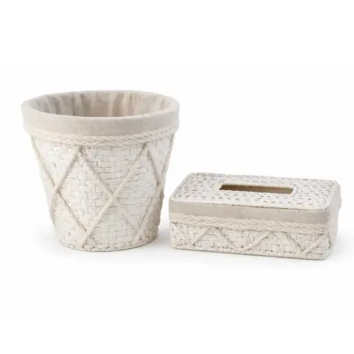 [STRAW87] 360 HOME BASKET STRAW 24*24*25/  25*14*10CM SET 2PCS TISSU BOX RECTANGULAR+CONTAINER FLARED SHAPE IVORY VERTICAL RIDGES TEXTURED PATTERN
