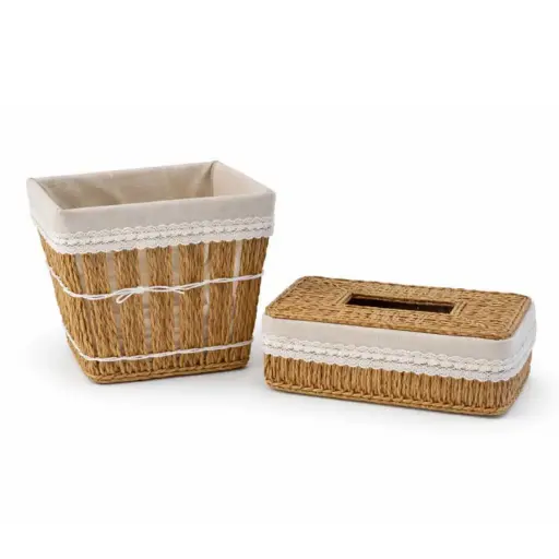 [STRAW89] 360 HOME BASKET STRAW 24×21×24/22×12×9CM SET 2PCS CONTAINER BIN WHITE FABRIC OR LACE TRIM LINING THE TOP+TISSU BOX WHITE BAND AROUND ITS LOWER SECTION