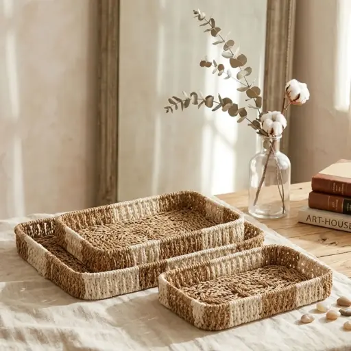 [STRAW93] 360 HOME TRAY STRAW 36*28*6/32*24*5.5/28*20*5CM SET 3PCS  RECTANGULAR SHAPED DESIGNED IN MODERN ARTISTIC STYLE WITH TRADITIONNAL INDIAN CRAFTSMANSHIP