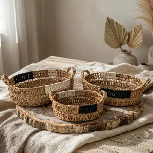 [STRAW95] 360 HOME BOWL STRAW 35*28*17/30*22*15/25*18*13CM SET 3PCS RUSTIC ROUNDED SHAPE 2 SMALL LOOPED HANDLES ON OPPSITE SIDES