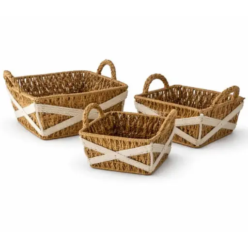 [STRAW96] 360 HOME BOWL STRAW 27*27*25/22*22*23/17*17*21CM SET 3PCS  RUSTIC SQUARED SHAPE 2 SMALL LOOPED HANDLES ON OPPSITE SIDES