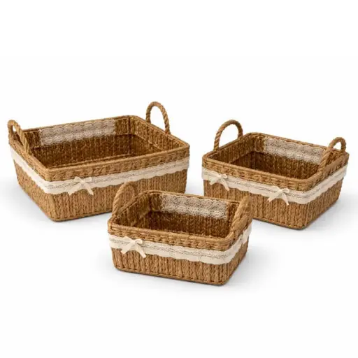 [STRAW98] 360 HOME BASKET STRAW 32*32*11/25*25*10/22*22*9CM SET 3PCS SQUARE DESIGNED TO STACK OR NEST WITHIN ONE ANOTHER  SMALL INTEGRATED LOOP HANDLES