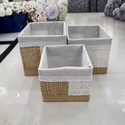 [STRAW102] 360 HOME BASKET STRAW 37*27*23.5/32*23*21.5/28*20*19.5CM SET 3PCS SQUARE SHAPE SCALLOPED TRIM NATURAL LIGHT COLOR REMOVABLE FABRIC LINER WHITE OR ECRU OPEN TOP