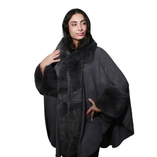 [MT-PUN7] 360 COTTON  LADIES SOFT COZY PUNCHO GREY FAUX-FUR COLLAR AND CUFFS FRONT OPEN STYLE WITH SOFT DRAPING