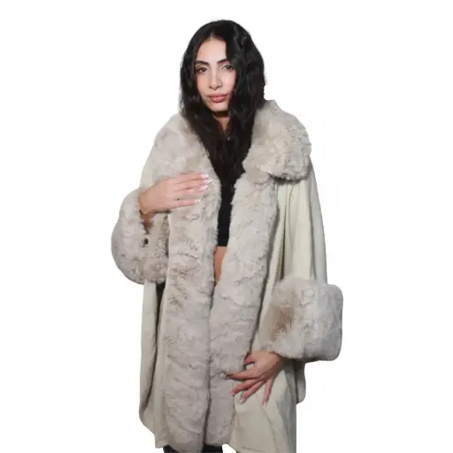 [MT-PUN9] 360 COTTON  LADIES SOFT COZY PUNCHO GREIGE FAUX-FUR COLLAR AND CUFFS FRONT OPEN STYLE WITH SOFT DRAPING