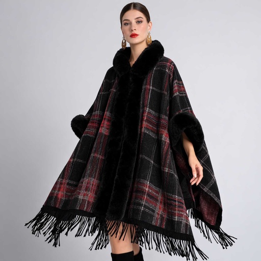 [MT-PUN11] 360 COTTON  LADIES HOODED PUNCHO BLACK FUR DESIGN