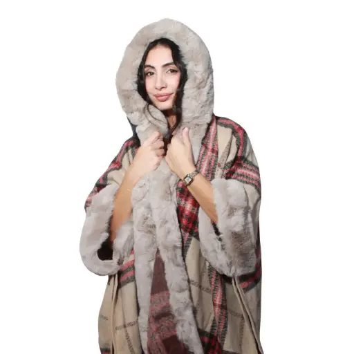 [MT-PUN12] 360 COTTON  LADIES HOODED PUNCHO, FUR DESIGN