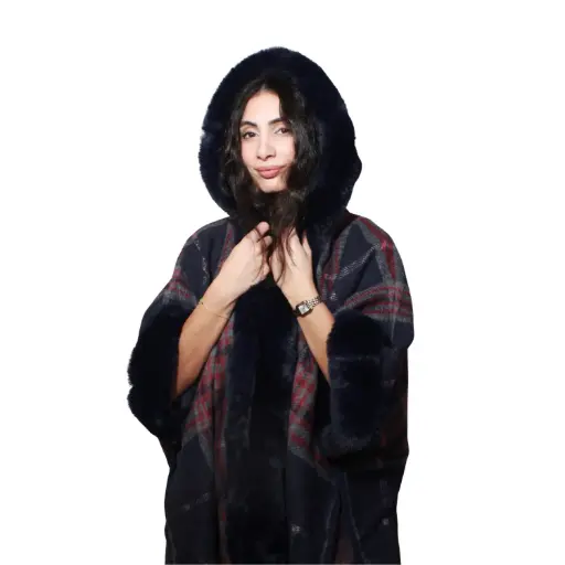 [MT-PUN13] 360 COTTON  LADIES HOODED PUNCHO, FUR DESIGN