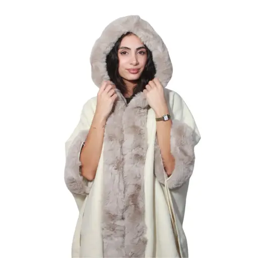 [MT-PUN14] 360 COTTON  LADIES SOFT COZY PUNCHO BEIGE FUR DESIGN