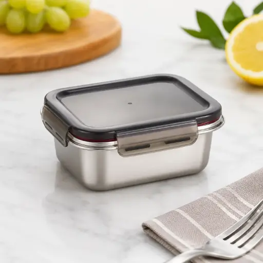 [MK-ST29] 360 HOME MY KITCHEN STAINLESS FOOD CONTAINER WITH COVER BLACK CAP, SILVER BODY 650ML