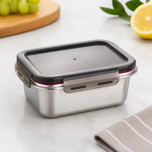 [MK-ST30] 360 HOME MY KITCHEN STAINLESS FOOD CONTAINER WITH COVER BLACK CAP, SILVER BODY 1300ML