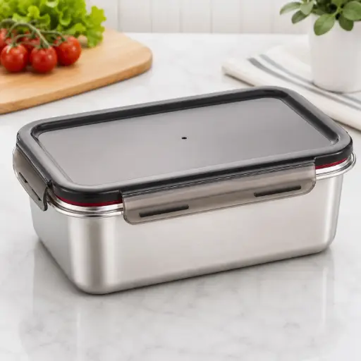 [MK-ST31] 360 HOME MY KITCHEN STAINLESS FOOD CONTAINER WITH COVER BLACK CAP, SILVER BODY 2250ML