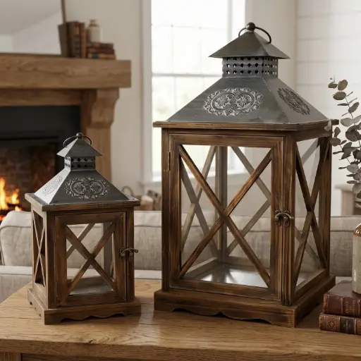 [MH-LANT5] 360 HOME MY HOME DECORATION WOODEN LANTERN 23*23*52:L  16*16*34:S