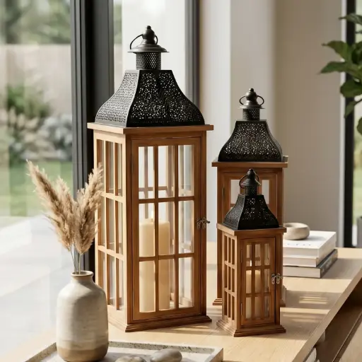 [MH-LANT15] 360 HOME MY HOME DECORATION WOODEN LANTERN 22*22*64    17*17*50    12*12*34