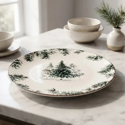 [CH26-CID13] 360 HOME CHRISTMAS ROUND CERAMIC PLATE RUSTIC WINTER WOODLAND DESIGN 26.5*CM BOX OF 25