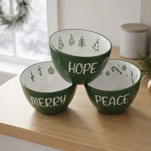 [CH26-CID15] 360 HOME CHRISTMAS CERAMIC BOWL SET OF 3 GREEN & WHITE 12.5*7CM BOX OF 72