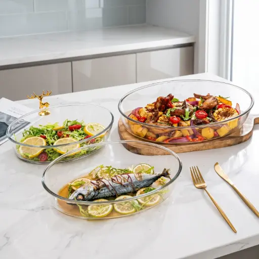 [MK-GLAL10] 360 HOME 3-piece set of oval glass baking/roasting dishes SET OF 3PCS 3LTR/2LTR-1.5LTR