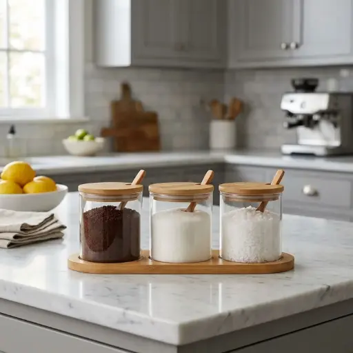 [MK-GLAL34] 360 HOME 3-piece glass condiment/storage jar set with bamboo lids, spoons, and bamboo tray 