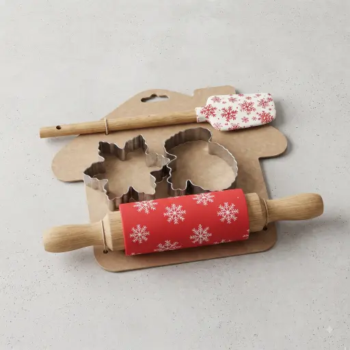 [MK-BTO9] 360 HOME wooden rolling pin and cookie cutter set SNOWFLAKE PRINTS WOODEN HANDLE