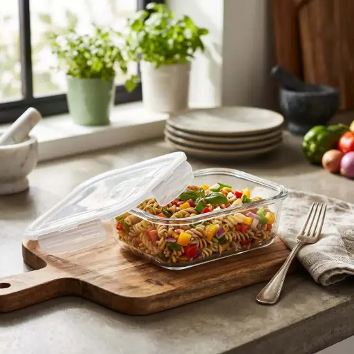 [MK-GC1] 360 HOME GLASS FOOD STORAGE RECTANGULAR HIGH BOROSILICATE WITH COLOR CARD VENTED LID 370ML 14.5X10.5X4.7CM