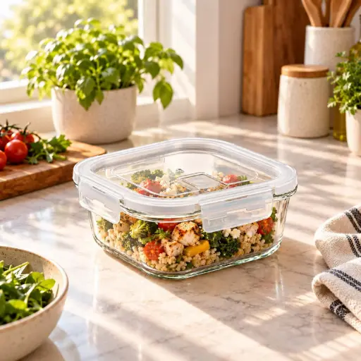 [MK-GC8] 362 HOME GLASS FOOD STORAGE SQUARE HIGH BOROSILICATE WITH COLOR CARD VENTED LID 800ML 15.2X5.88CM