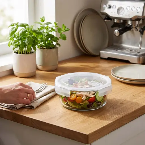 [MK-GC10] 360 HOME GLASS FOOD STORAGE BOWL ROUND WITH COLOR CARD VENTED LID DIVIDER 390ML 12.9X5.25CM