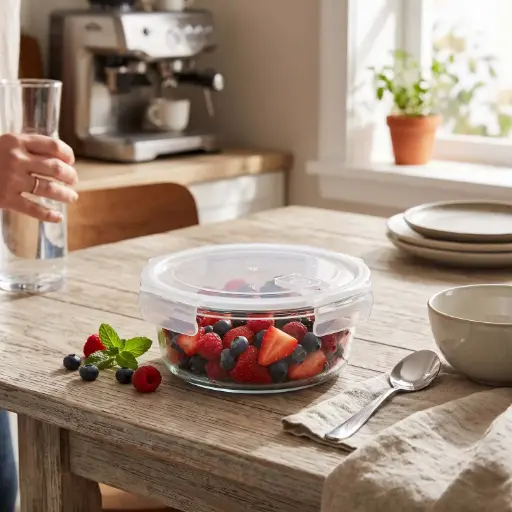 [MK-GC11] 361 HOME GLASS FOOD STORAGE BOWL ROUND WITH COLOR CARD VENTED LID DIVIDER 630ML 14.95X6CM