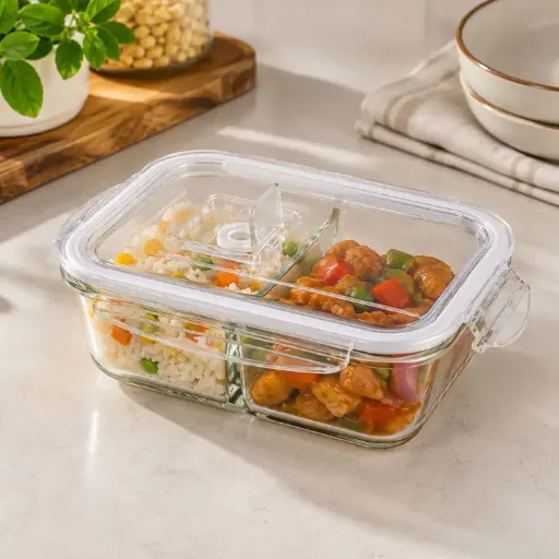 [MK-GC15] 360 HOME GLASS FOOD STORAGE 2 COMPARTMENT WITH COLOR CARD VENTED LIDDIVIDER 1510ML 21.1X16.5X6.6CM
