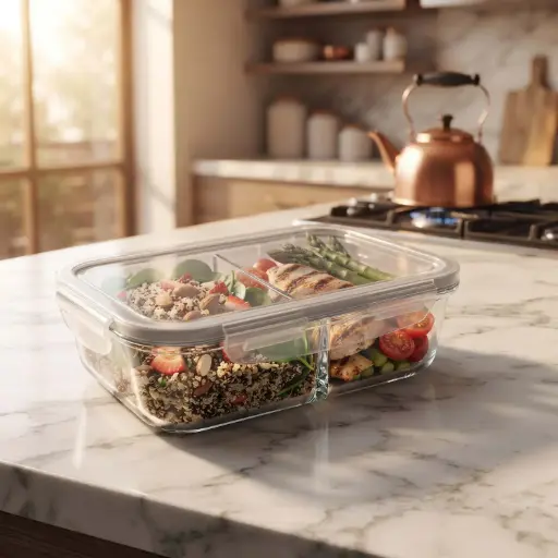 [MK-GC15] 360 HOME GLASS FOOD STORAGE 2 COMPARTMENT WITH COLOR CARD VENTED LIDDIVIDER 1510ML 21.1X16.5X6.6CM