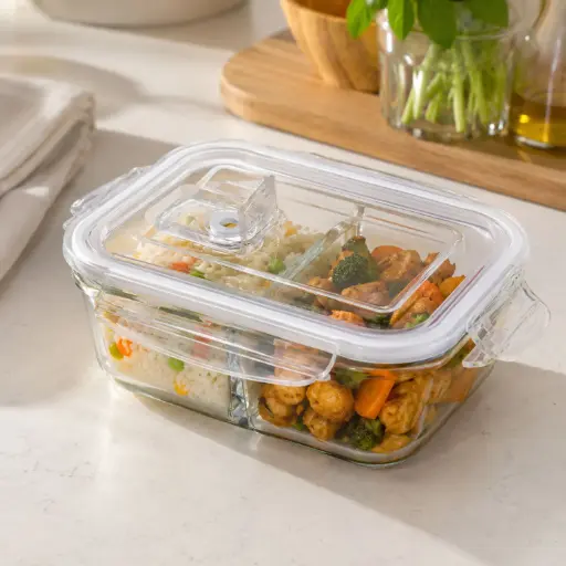 [MK-GC16] 360 HOME GLASS FOOD STORAGE 3 COMPARTMENT WITH COLOR CARD VENTED LIDDIVIDER 1510ML 21.1X16.5X6.6CM